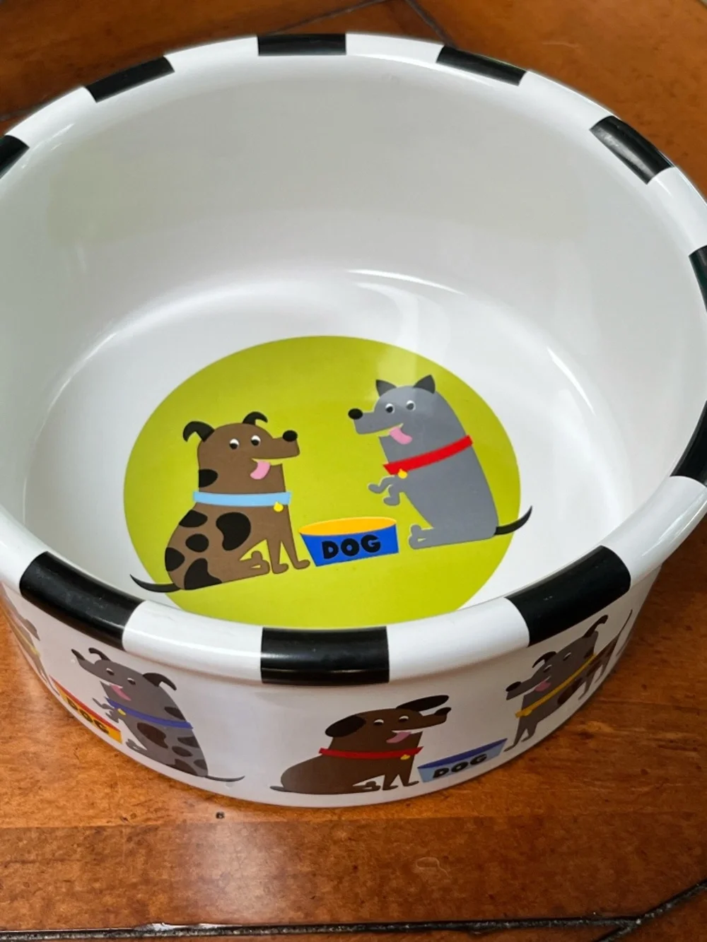 Large whimsical checkered stoneware dog bowl / dish